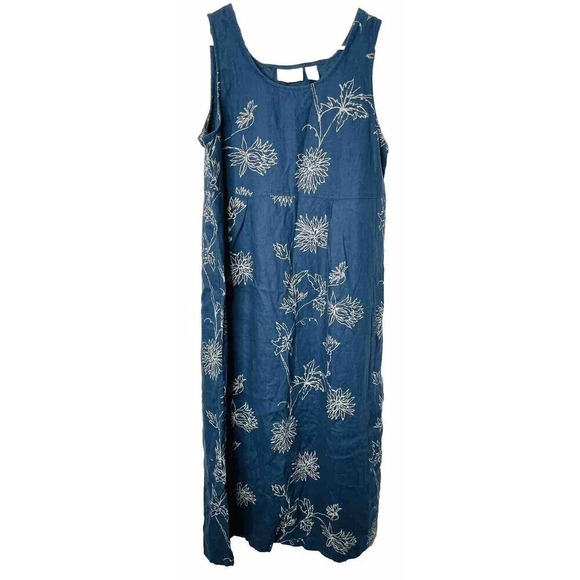 Modern Elements Linen Midi Dress Sz L Blue Floral Back Slit Boho Sleeveless 90s - Picture 1 of 10